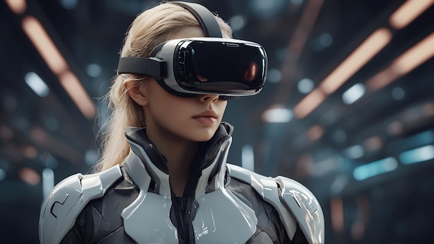 Фото Девушка в очках виртуальной реальности vr наушники очки виртуальной реальности виртуальные пейзажи
