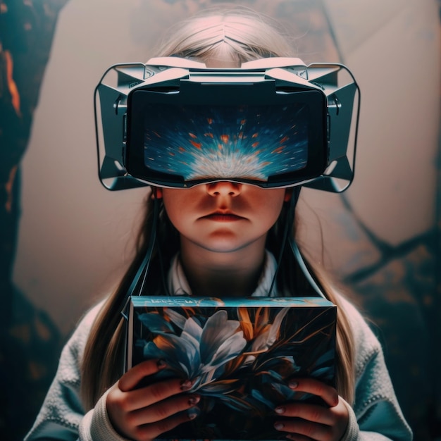 A girl wearing a virtual reality headset and a box with the word vr on it.