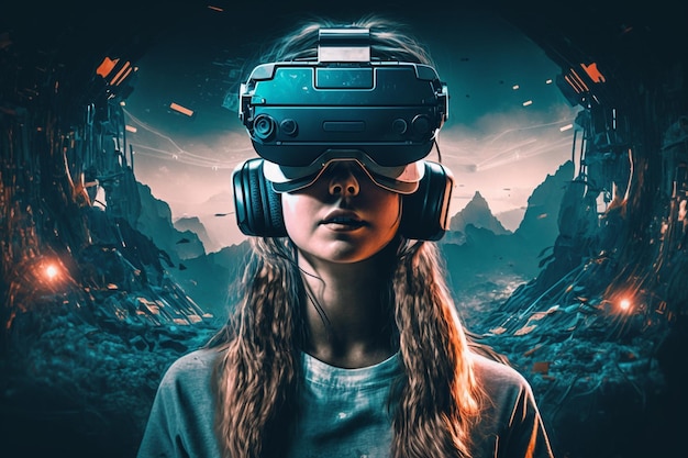 A girl wearing a virtual reality headset stands in front of a mountain.