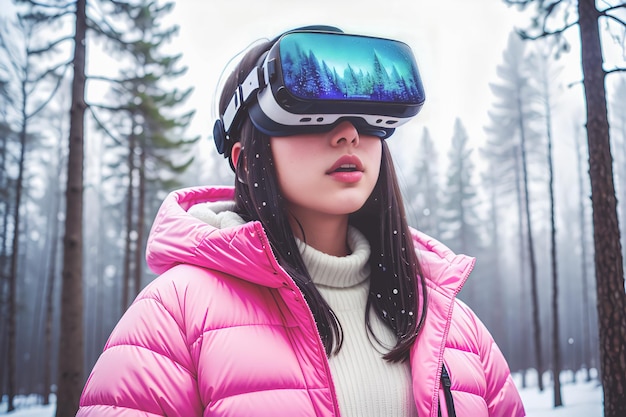 Foto una ragazza che indossa le cuffie da realtà virtuale nella foresta invernale