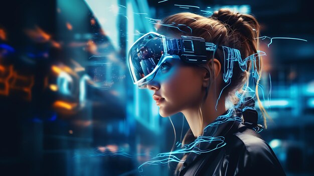a girl wearing VR glasses with a future technology style background