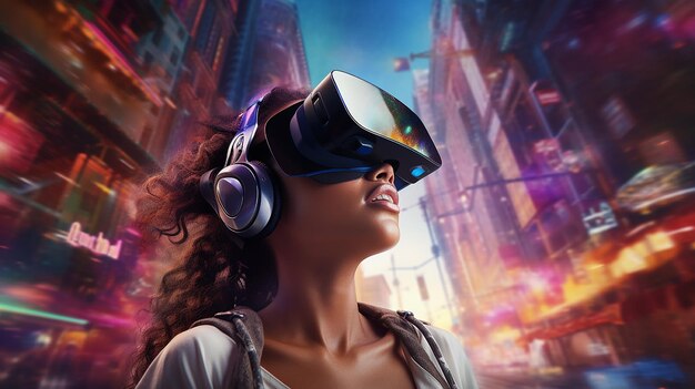 사진 네온 색의 vr 가상 안경을 입은 소녀