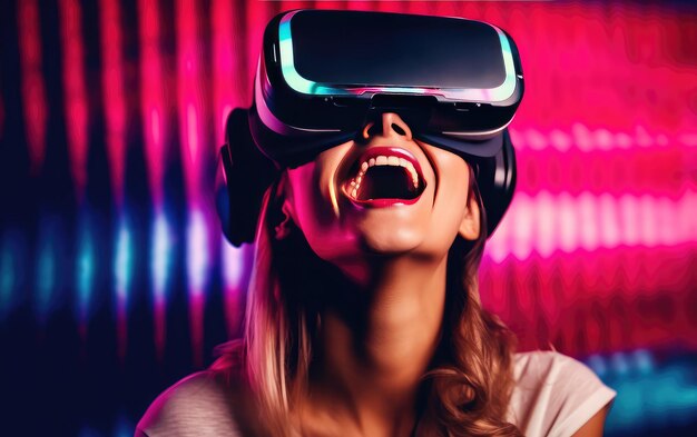 Girl wearing VR Virtual Reality Glasses Googlrs happy face mid shot