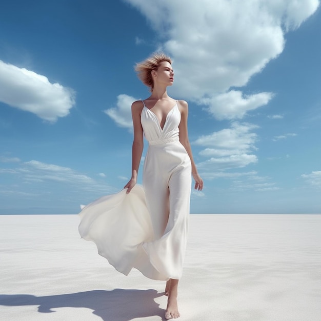 Девушка в белом платье и сандалиях летом