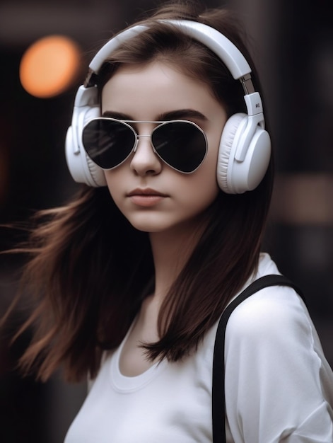 A girl wearing a white shirt and sunglasses with a pair of headphones.