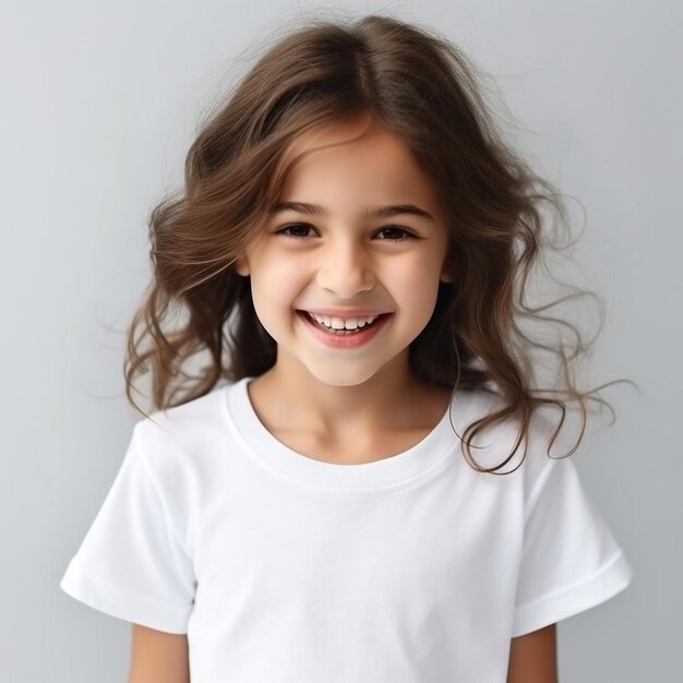 a girl wearing a white shirt that says  she is smiling