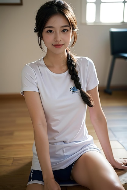 a girl wearing a white shirt with a blue logo on it