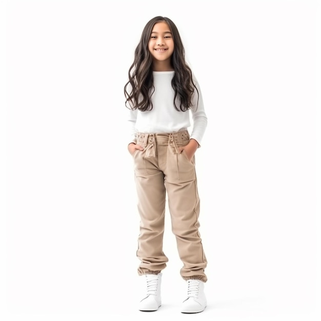 a girl wearing a white sweater with the word " she is standing in front of a white background "