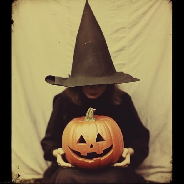 a girl wearing a witch hat holds a pumpkin with a witch hat on it.