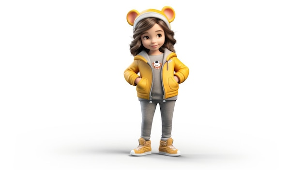 A girl wearing a yellow jacket with a bear on it.