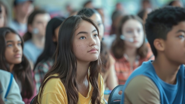 a girl wearing a yellow shirt with the word quot on it