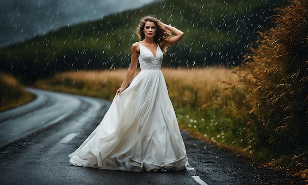 A girl in a wedding dress on a very beautiful background