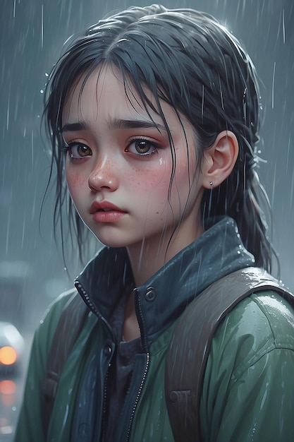 Photo a girl weeping in a melancholic rain