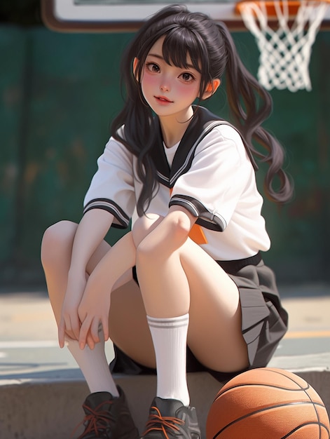 A girl in a white and black uniform sits on a step and looks at the camera.