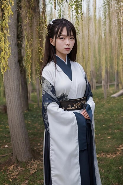 A girl in a white and blue dress with a flower crown on her head stands in a forest.