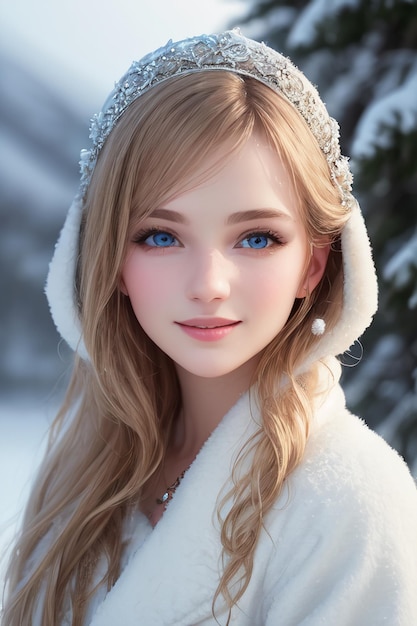 A girl in a white coat with blue eyes