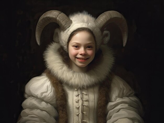 A girl in a white coat with horns and a white coat with the word ram on it.