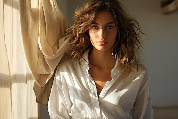 Girl behind white curtain wall wearing a flowing white shirt with shadows and highlights