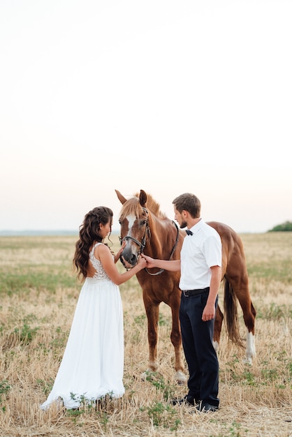 A girl in a white dress and a guy in a white shirt on a walk with brown horses in the village