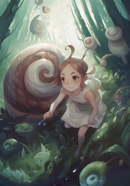 A girl in a white dress is walking in a forest with a snail on her head.