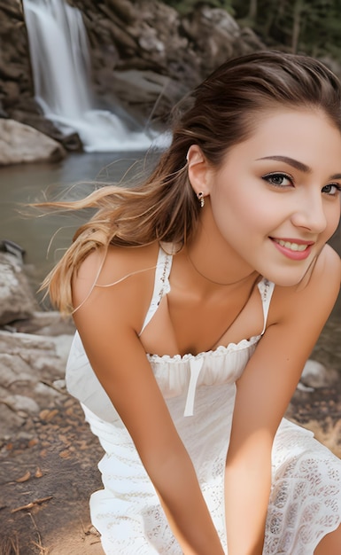 Girl in white dress near a waterfall smiling