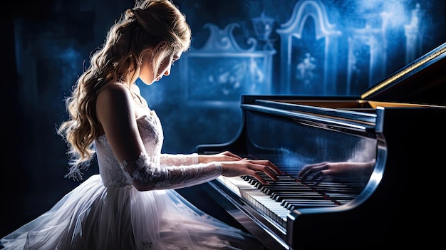 A girl in a white dress playing a piano