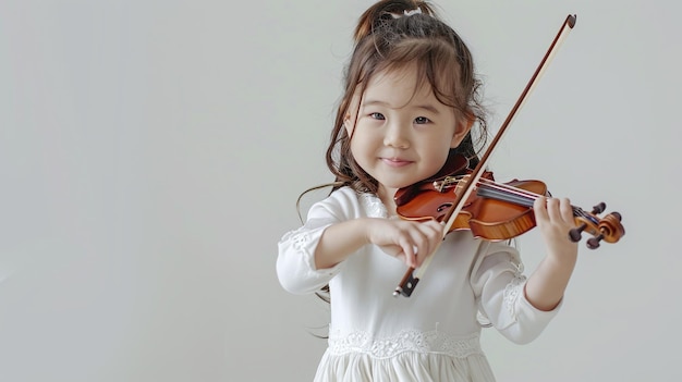 Girl in White Dress Playing Violin Isolated with Copy Space