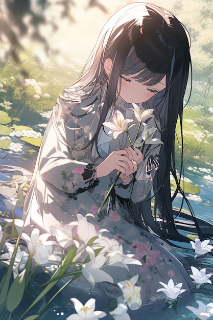 A girl in a white dress sits in a pond with flowers on her lap.