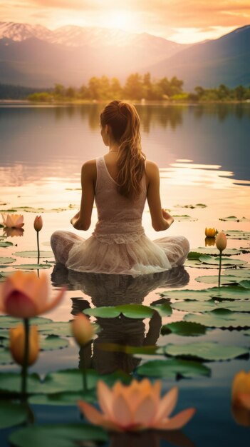 白いドレスを着た女の子が夕暮れの湖で蓮の葉の上に座っている