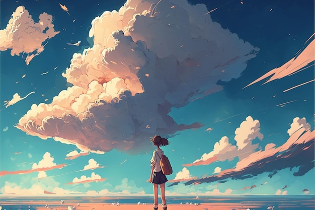 A girl in a white dress stands on the beach looking at the clouds