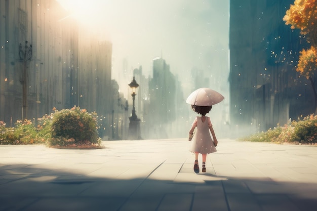 A girl in a white dress stands in a city street looking at the cityscape.