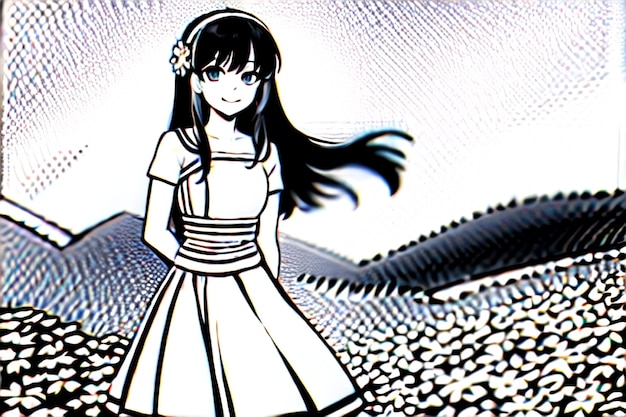 A girl in a white dress stands in a field of gravel.