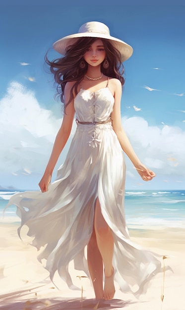 A girl in a white dress walks on the beach