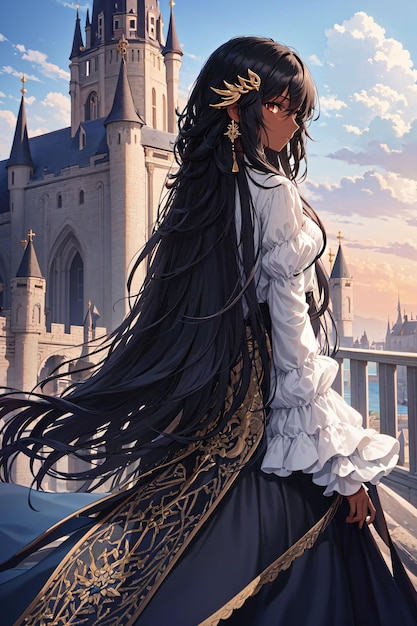 A girl in a white dress with a castle in the background