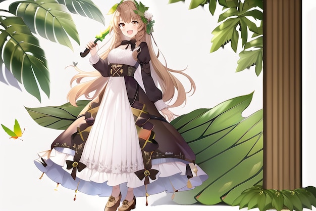 A girl in a white dress with a green leaf on her head is holding a sword.