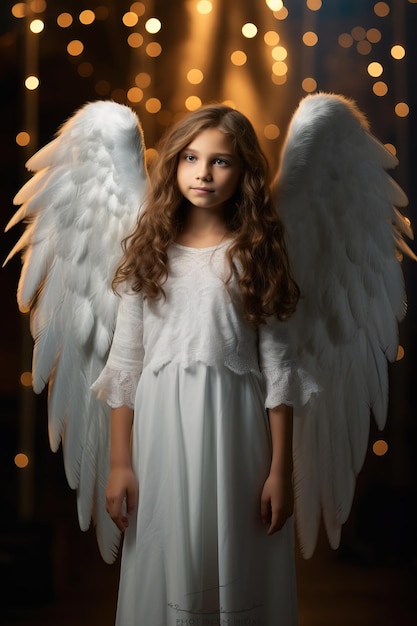 a girl in a white dress with wings