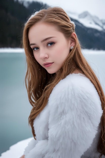 A girl in a white fur coat with a snowy mountain in the background