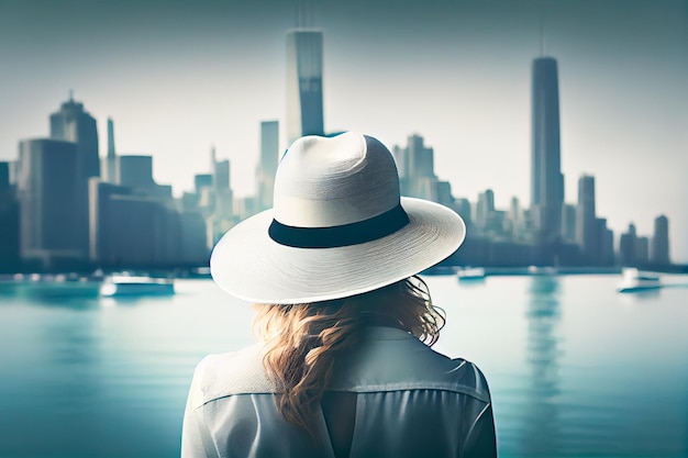 Girl in a white hat admires Chicago Generative AI Generative AI