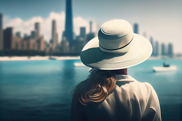 Девушка в белой шляпе восхищается Чикаго Генеративный ИИ Генеративный ИИ