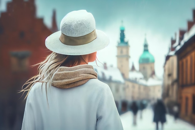 Girl in a white hat admires Krakow Poland Generative AI Generative AI