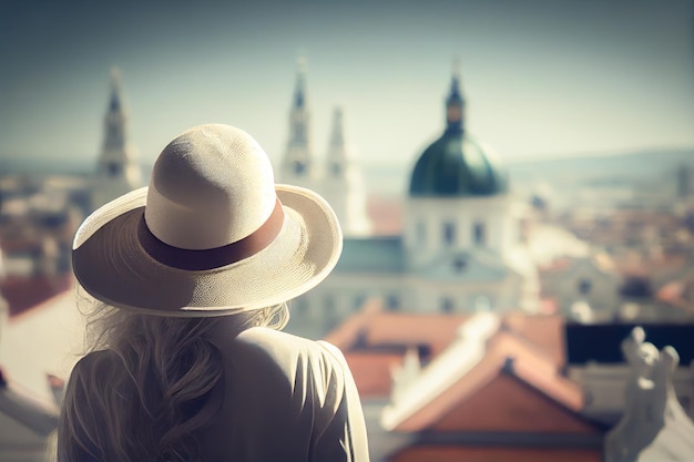 Girl in a white hat admires Vienna Austria Generative AI Generative AI