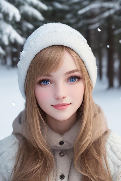 白い帽子をかぶって青い目を持つ女の子が雪の中に立っています