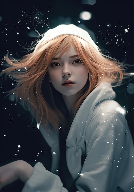 A girl in a white hoodie sits in the snow.