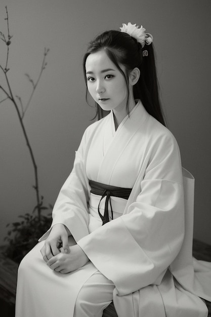 A girl in a white kimono sits on a table with a branch of a tree in the background.