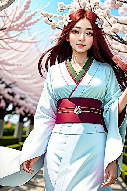 A girl in a white kimono stands in front of a cherry blossom tree.