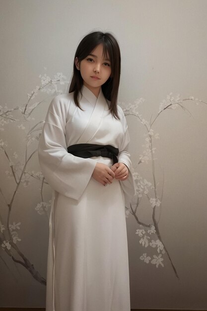 A girl in a white kimono stands in front of a floral wall.