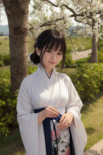 Foto una ragazza in kimono bianco si trova di fronte a un albero in fiore.