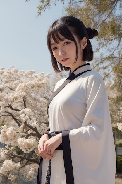 A girl in a white kimono stands in front of a tree with white flowers.