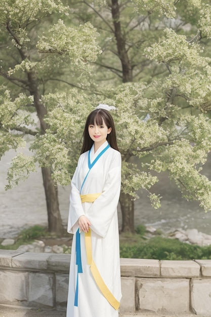 A girl in a white kimono stands in front of a tree.