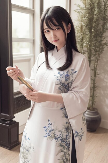 A girl in a white kimono with blue flowers on the front and a white dress with the word hanfu on the front.